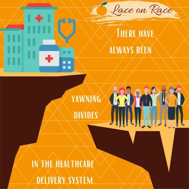 Depicts two cliffs with a large gap between them. On the taller cliff is a hospital building, bottle of medicine, and stethoscope. On the shorter cliff is a crowd of people. There is text between the two cliffs that reads: "There have always been yawning divides in the healthcare delivery system."